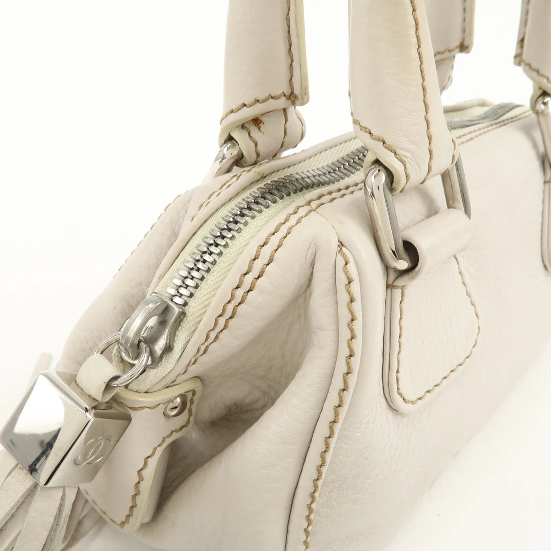 CHANEL Leather Mini Boston Bag Hand Bag Tassel Ivory A23050