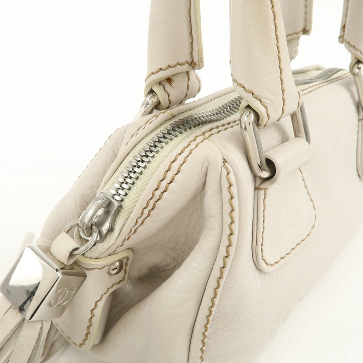 CHANEL Leather Mini Boston Bag Hand Bag Tassel Ivory A23050