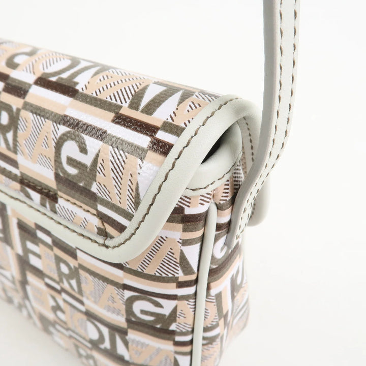 Ferragamo Logo PVC Canvas Leather Shoulder Bag Hand Bag White Gray