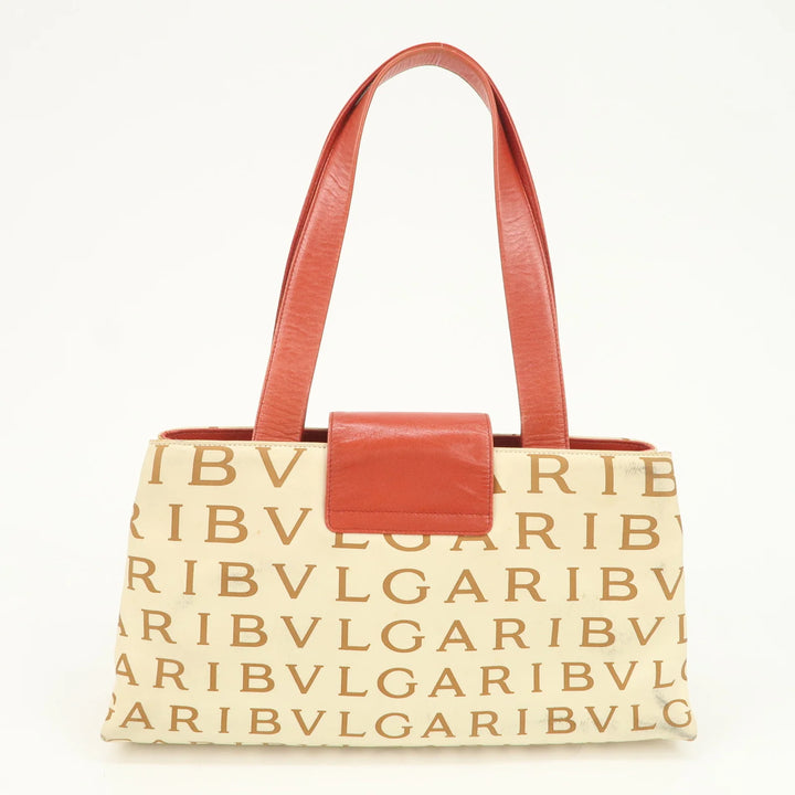 BVLGARI Logo Mania Leather Canvas Shoulder Bag Beige Red