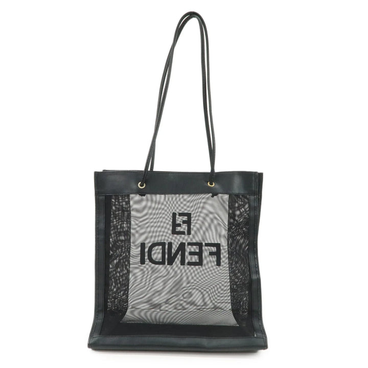 FENDI Mesh Leather Tote Bag Shoulder Bag Black Gold Hardware 259647