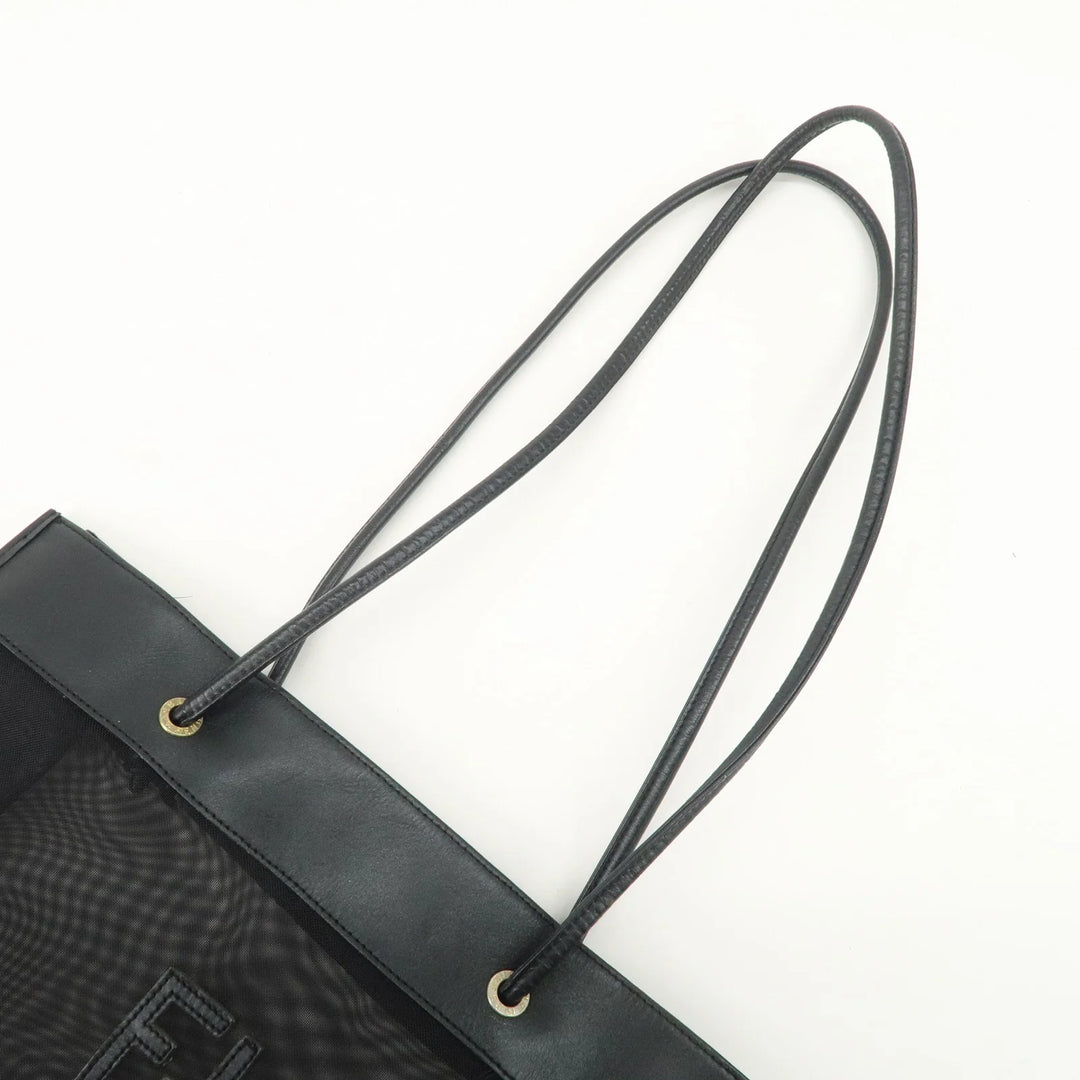 FENDI Mesh Leather Tote Bag Shoulder Bag Black Gold Hardware 259647
