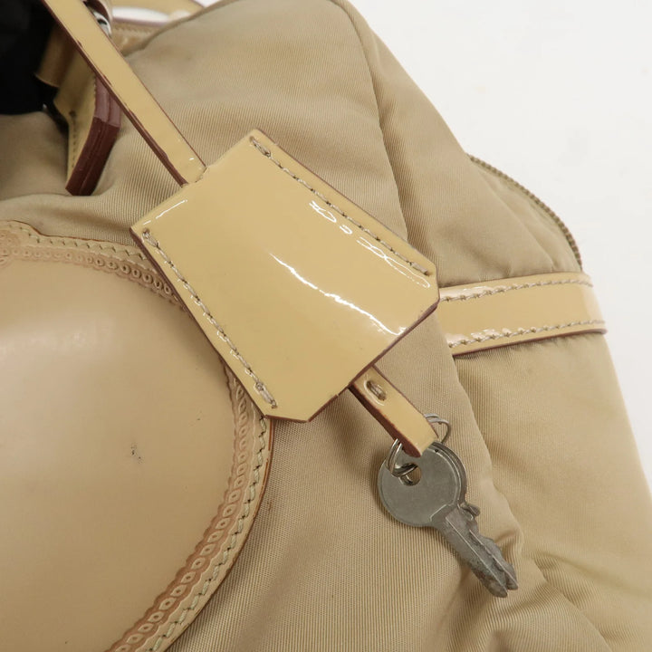 PRADA Logo Nylon Patent Leather Mini Boston Bag Beige BR3150