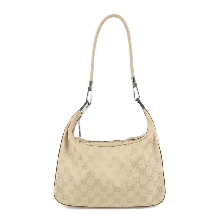 GUCCI GG Canvas Leather Shoulder Bag Beige Silver HDW 01233 Used