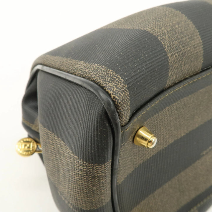 FENDI Pequin PVC Canvas Hand Bag Boston Bag Black Brown Used