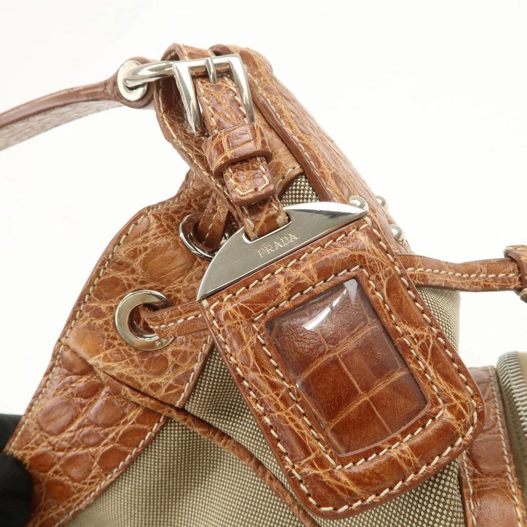 PRADA Logo Jacquard Canvas Embossed Leather Shoulder Bag BR34333