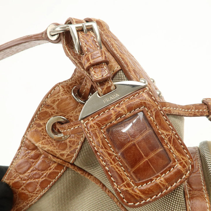 PRADA Logo Jacquard Canvas Embossed Leather Shoulder Bag BR34333