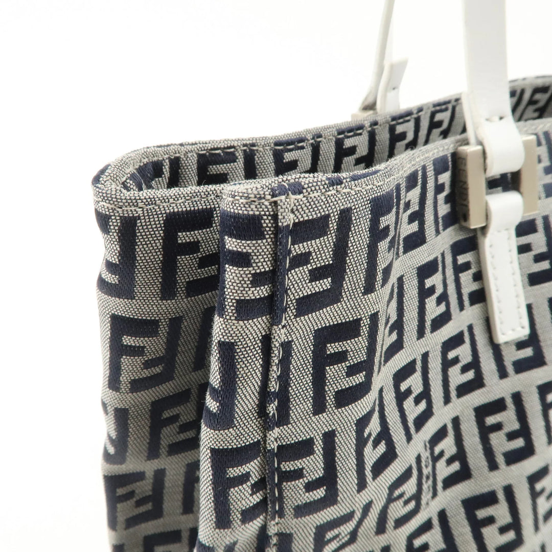 FENDI Zucchino Canvas Leather Tote Bag Hand Bag White Navy 8BH019 Used