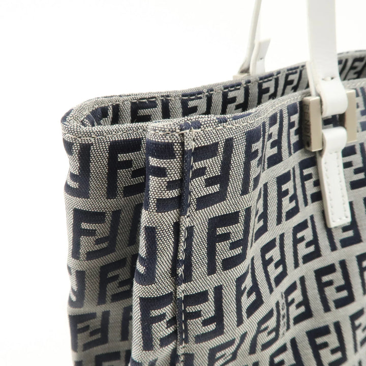 FENDI Zucchino Canvas Leather Tote Bag Hand Bag White Navy 8BH019 Used