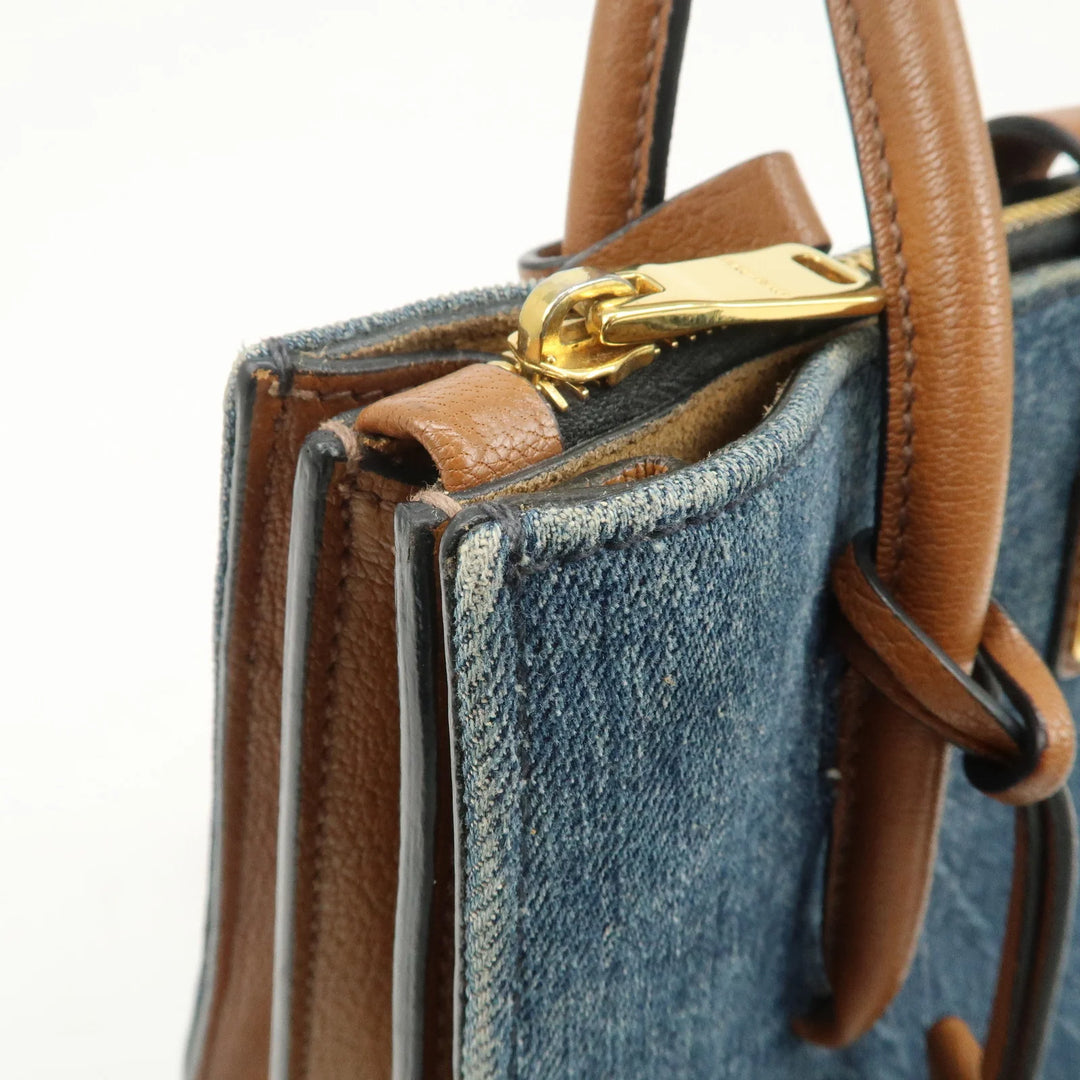 MIU MIU Madras Convertible Denim Leather 2Way Bag Hand Bag 5BA104