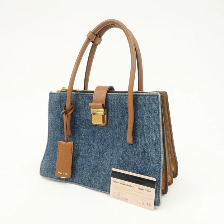 MIU MIU Madras Convertible Denim Leather 2Way Bag Hand Bag 5BA104