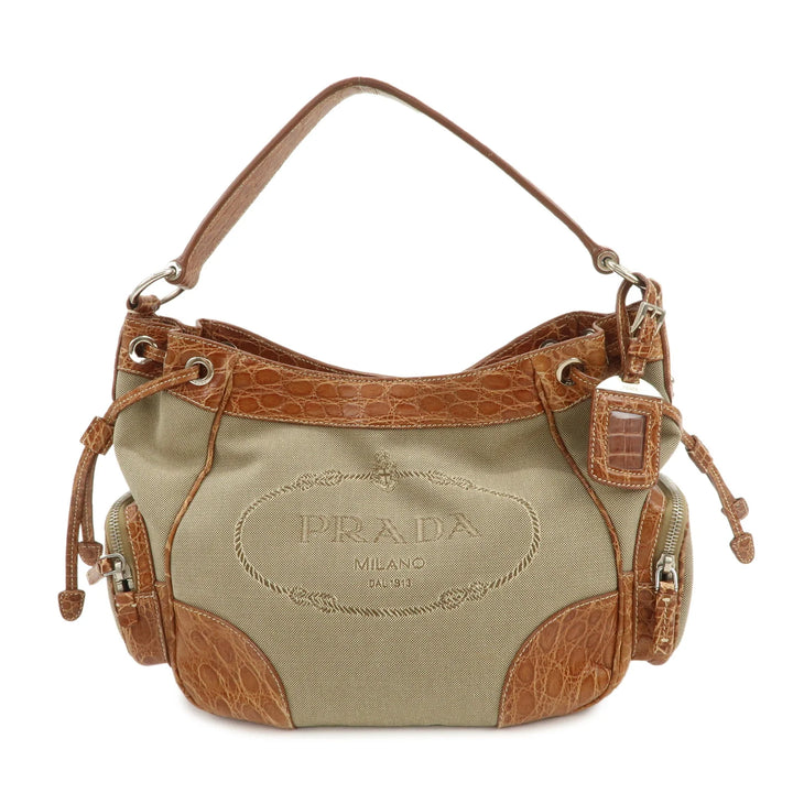 PRADA Logo Jacquard Canvas Embossed Leather Shoulder Bag BR34333