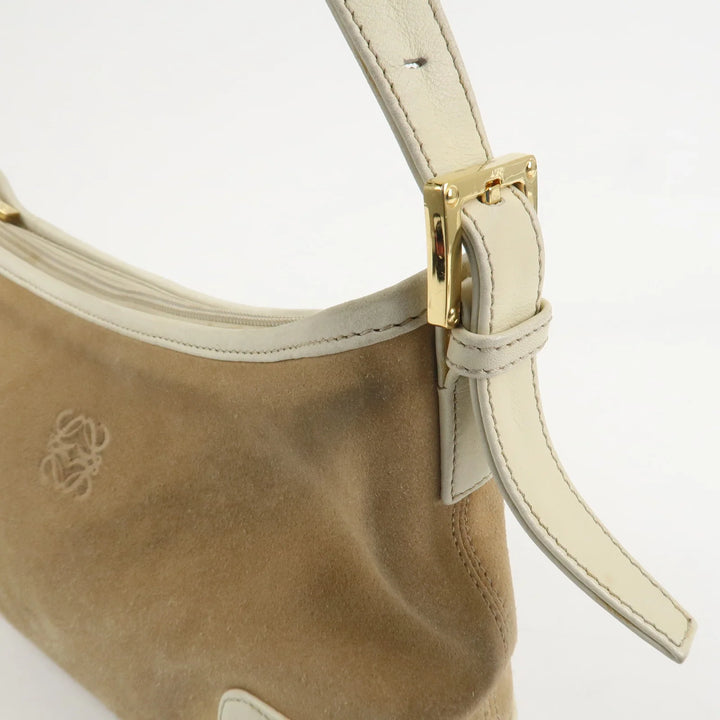 LOEWE Anagram Leather Suede Shoulder Bag Hand Bag Beige Ivory