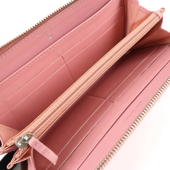 CHANEL Camellia Lamb Skin Long Zippy Wallet Pink A50085 Used