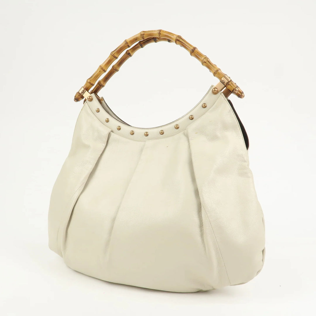 GUCCI Bamboo Leather Tucked Shoulder Bag Hand Bag Ivory 124293