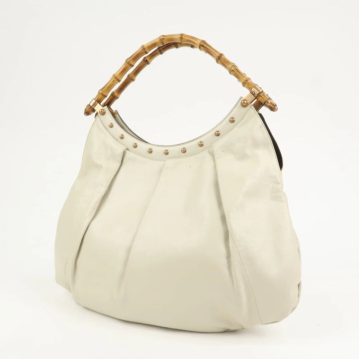 GUCCI Bamboo Leather Tucked Shoulder Bag Hand Bag Ivory 124293