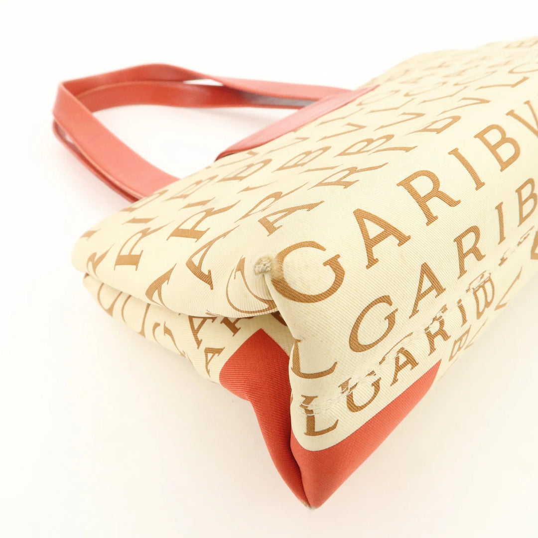 BVLGARI Logo Mania Leather Canvas Shoulder Bag Beige Red