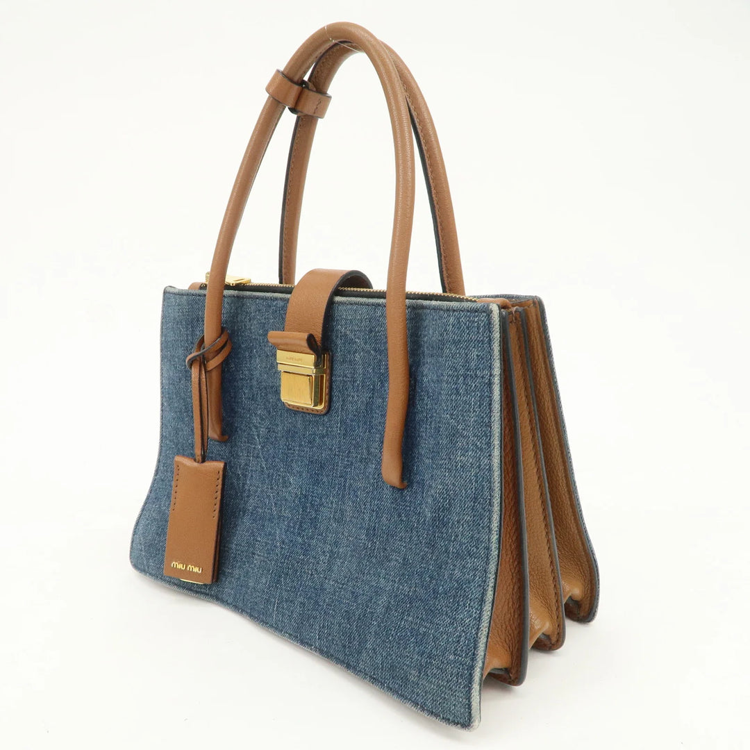 MIU MIU Madras Convertible Denim Leather 2Way Bag Hand Bag 5BA104