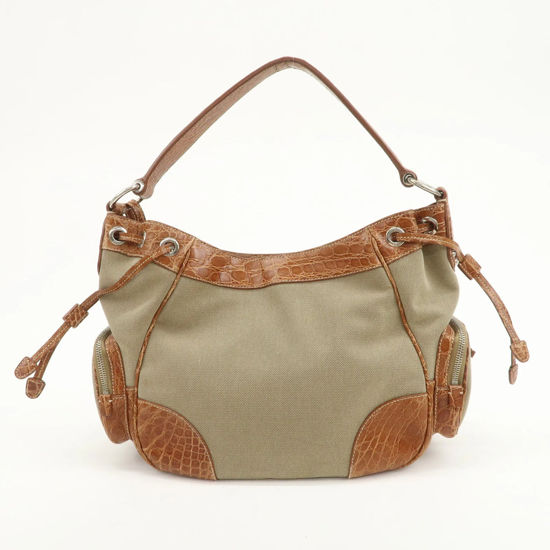 PRADA Logo Jacquard Canvas Embossed Leather Shoulder Bag BR34333
