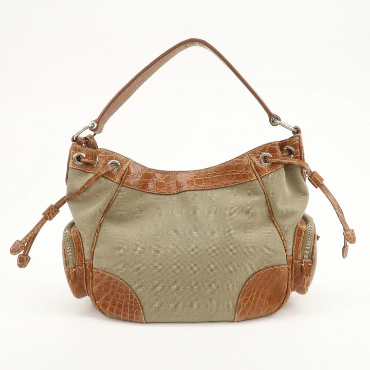 PRADA Logo Jacquard Canvas Embossed Leather Shoulder Bag BR34333