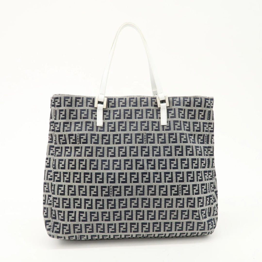 FENDI Zucchino Canvas Leather Tote Bag Hand Bag White Navy 8BH019 Used
