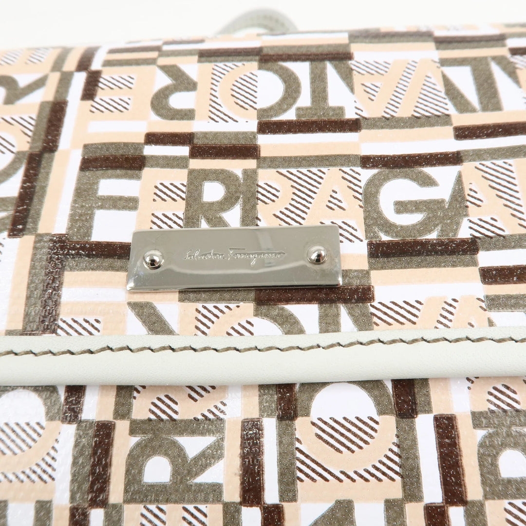 Ferragamo Logo PVC Canvas Leather Shoulder Bag Hand Bag White Gray