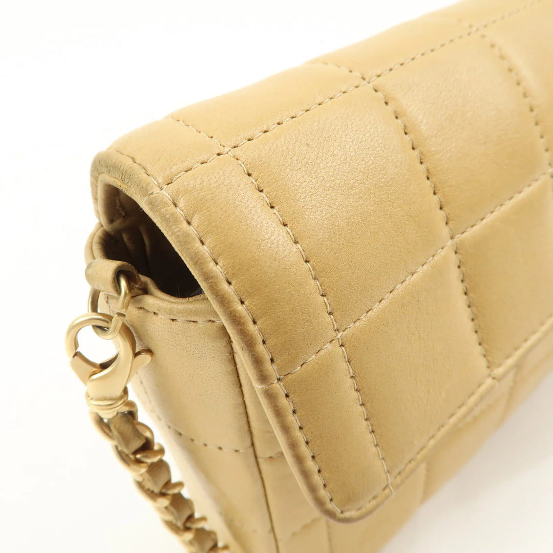 CHANEL Chocolate Bar Lamb Skin Chain Shoulder Bag Beige Gold Used