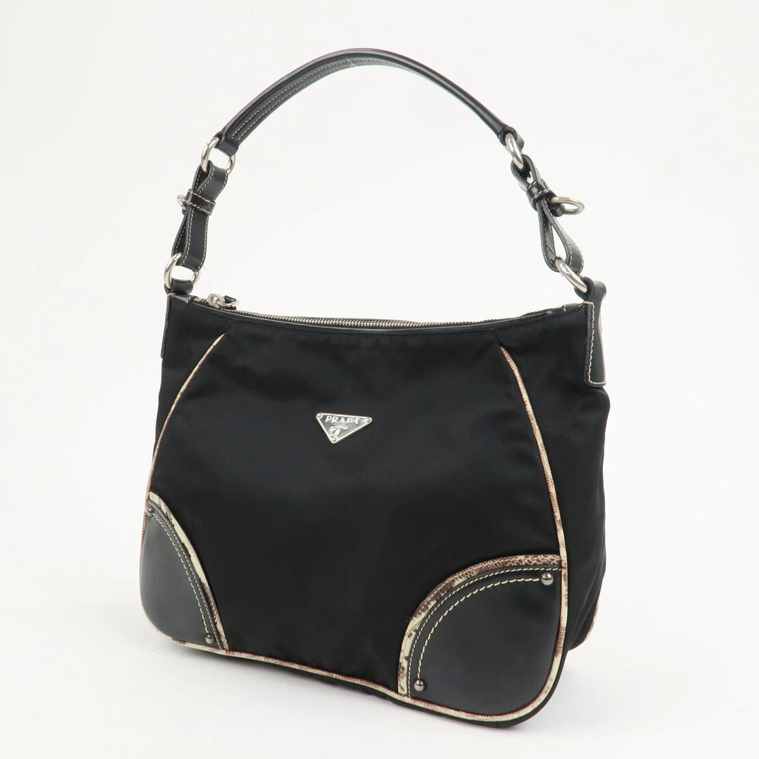 PRADA Triangle Logo Nylon Leather Shoulder Bag Black BR2840