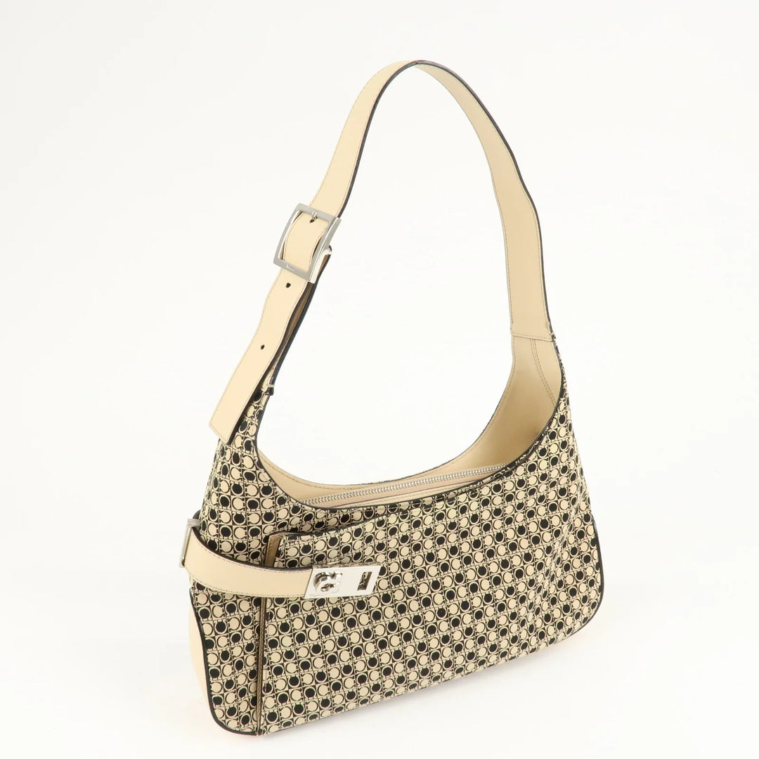 Ferragamo Gancini Canvas Leather Shoulder Bag Beige Black Used