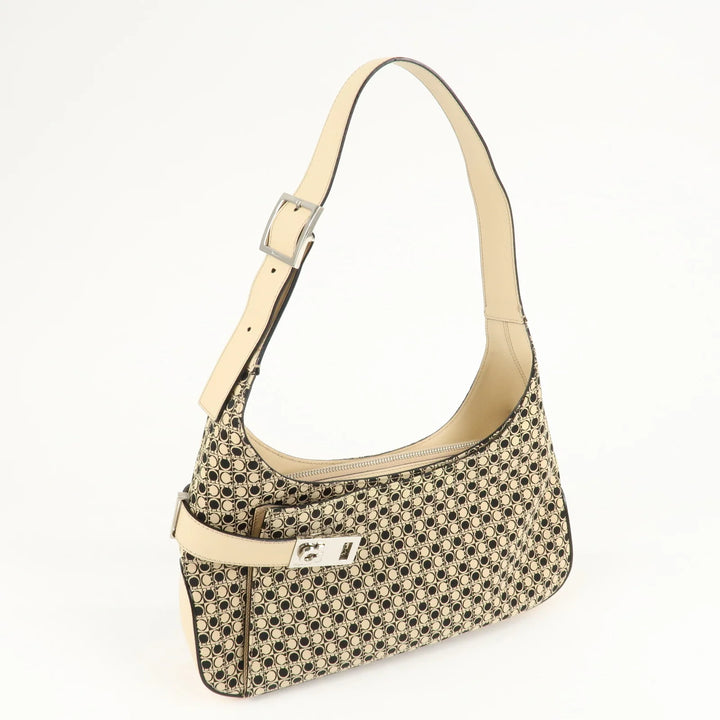 Ferragamo Gancini Canvas Leather Shoulder Bag Beige Black Used