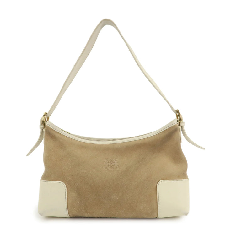 LOEWE Anagram Leather Suede Shoulder Bag Hand Bag Beige Ivory