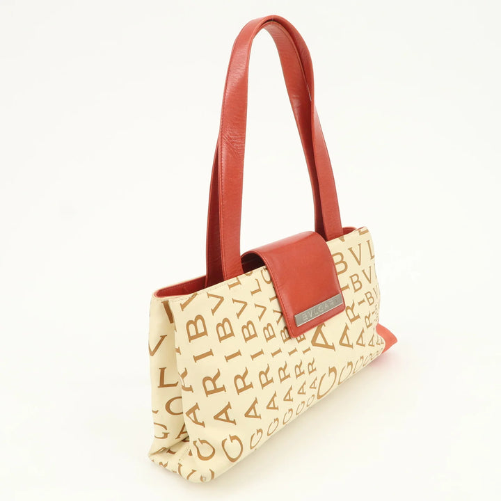 BVLGARI Logo Mania Leather Canvas Shoulder Bag Beige Red