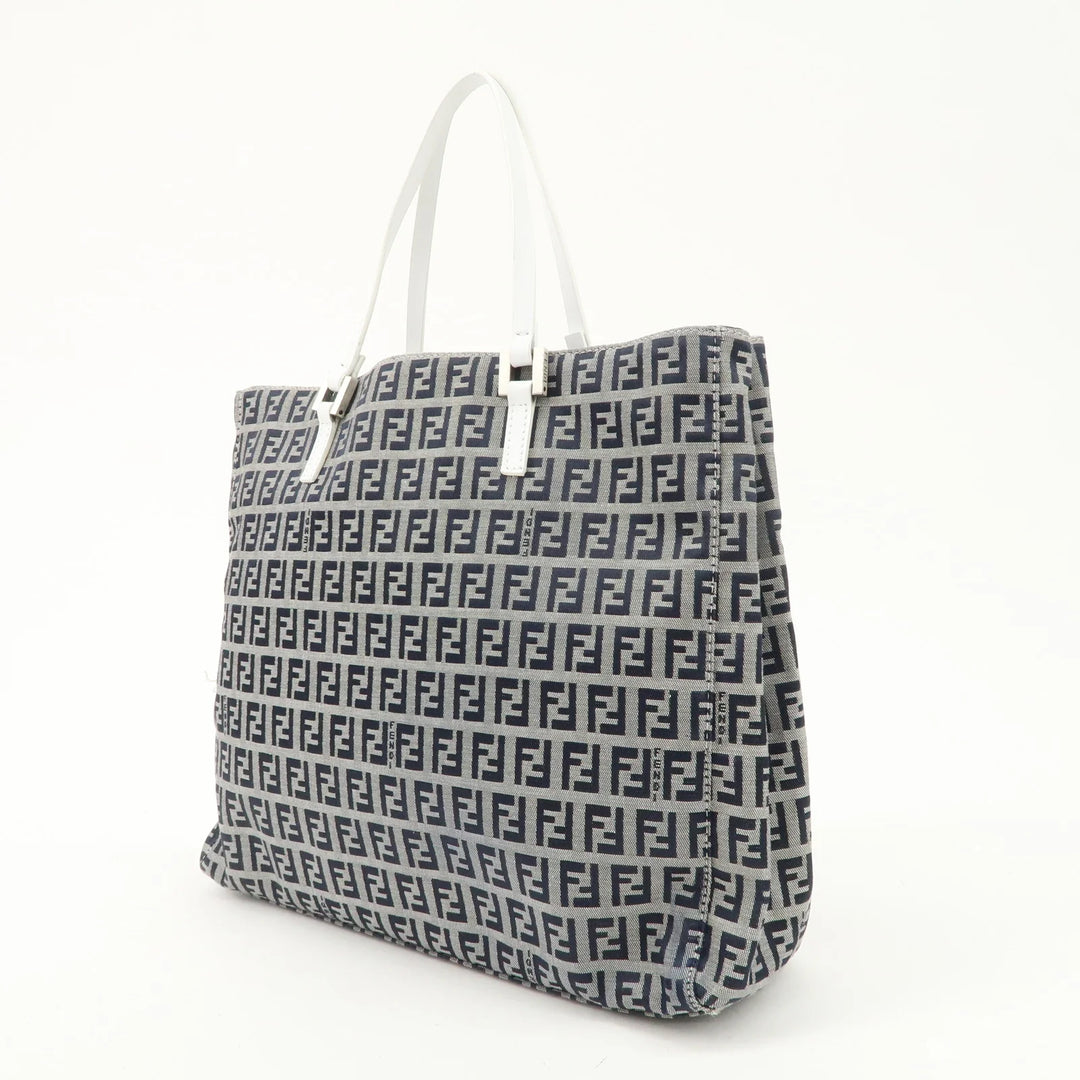 FENDI Zucchino Canvas Leather Tote Bag Hand Bag White Navy 8BH019 Used