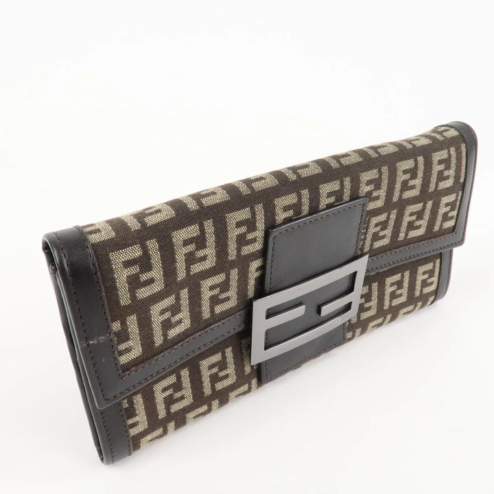 FENDI Zucchino Canvas Leather Bi-Fold Long Wallet Dark Brown 8M0021 Used