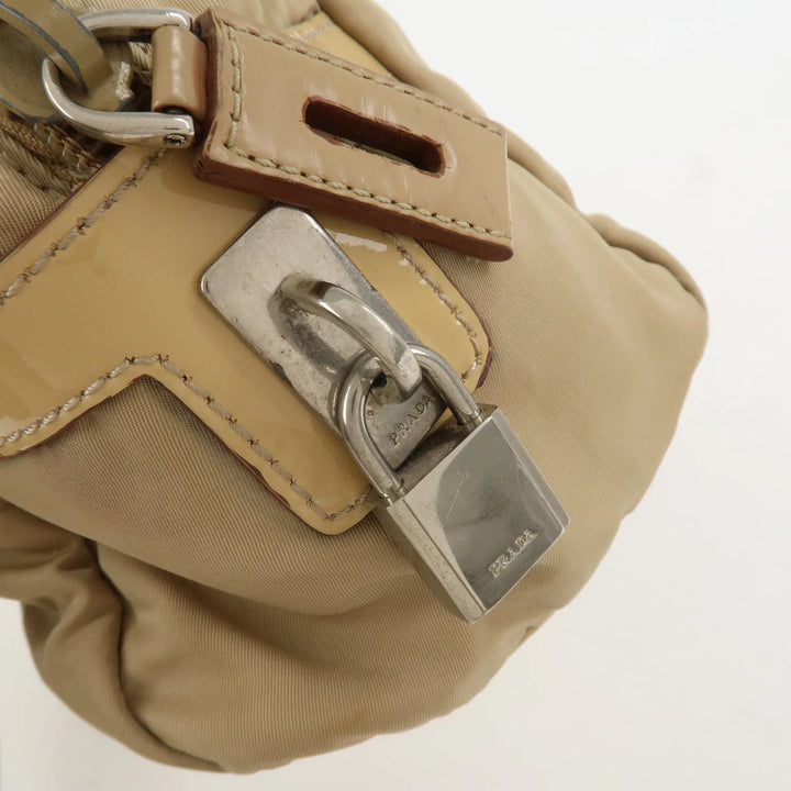 PRADA Logo Nylon Patent Leather Mini Boston Bag Beige BR3150