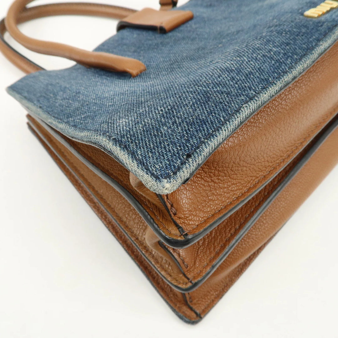 MIU MIU Madras Convertible Denim Leather 2Way Bag Hand Bag 5BA104