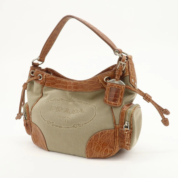 PRADA Logo Jacquard Canvas Embossed Leather Shoulder Bag BR34333