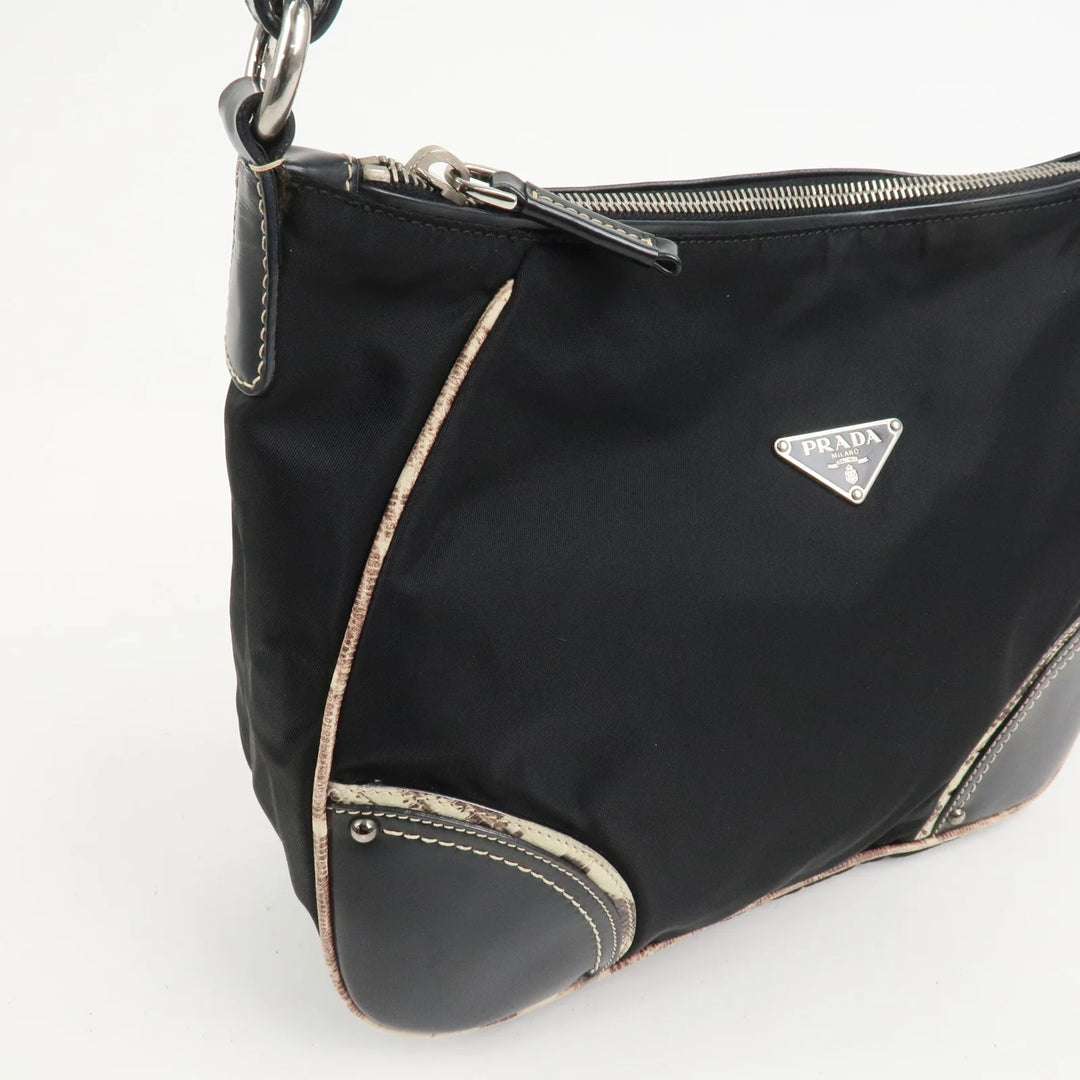 PRADA Triangle Logo Nylon Leather Shoulder Bag Black BR2840