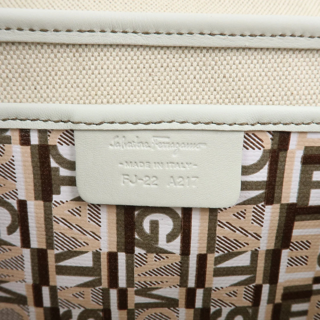 Ferragamo Logo PVC Canvas Leather Shoulder Bag Hand Bag White Gray