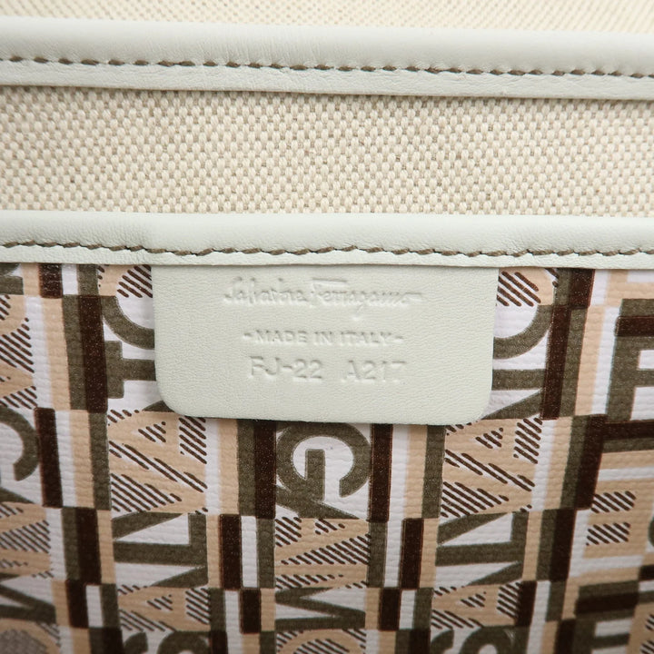 Ferragamo Logo PVC Canvas Leather Shoulder Bag Hand Bag White Gray