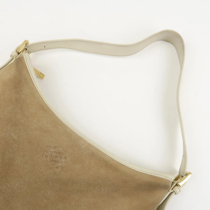 LOEWE Anagram Leather Suede Shoulder Bag Hand Bag Beige Ivory