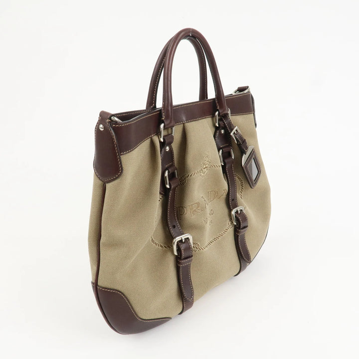 PRADA Logo Jaguard Leather 2way Hand Bag Beige Brown BN1184