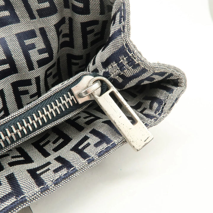 FENDI Zucchino Canvas Leather Tote Bag Hand Bag White Navy 8BH019 Used