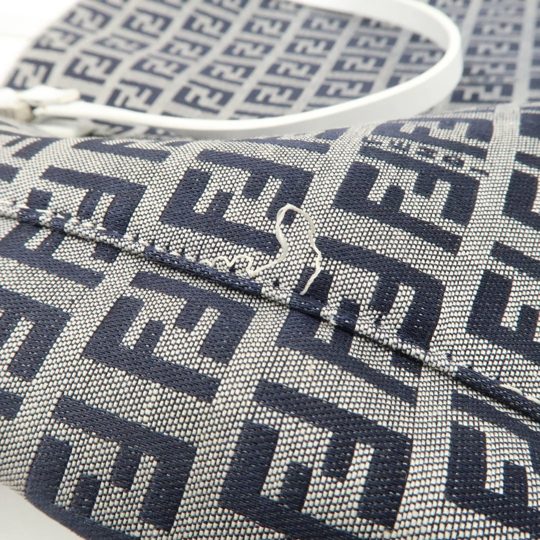 FENDI Zucchino Canvas Leather Tote Bag Hand Bag White Navy 8BH019 Used