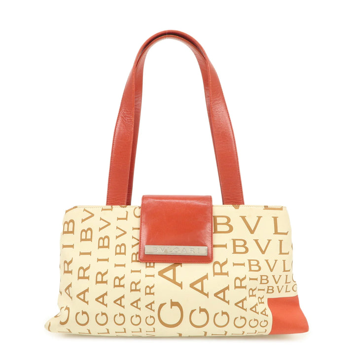 BVLGARI Logo Mania Leather Canvas Shoulder Bag Beige Red