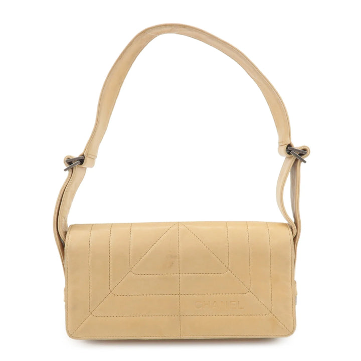 CHANEL Lamb Skin Shoulder Bag Silver Hardware Beige Used