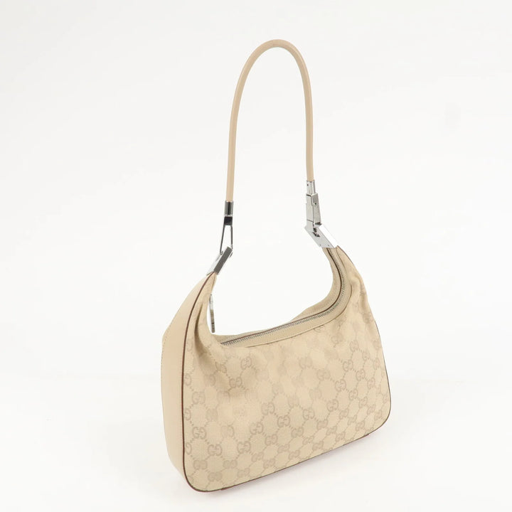 GUCCI GG Canvas Leather Shoulder Bag Beige Silver HDW 01233 Used