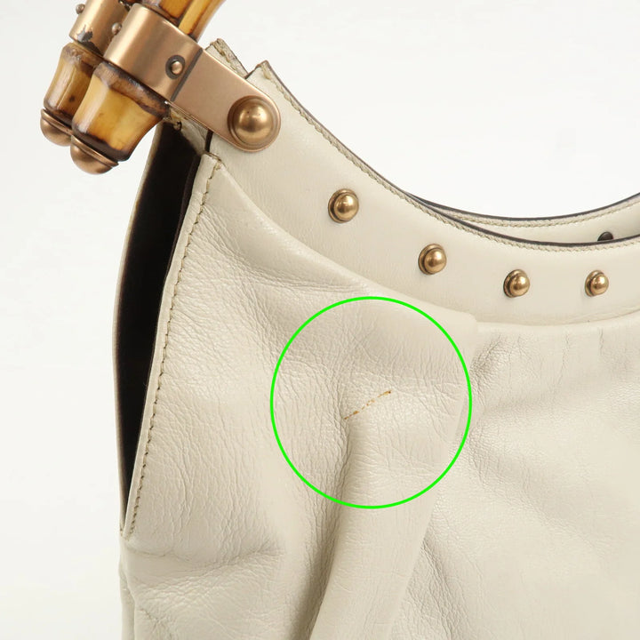 GUCCI Bamboo Leather Tucked Shoulder Bag Hand Bag Ivory 124293