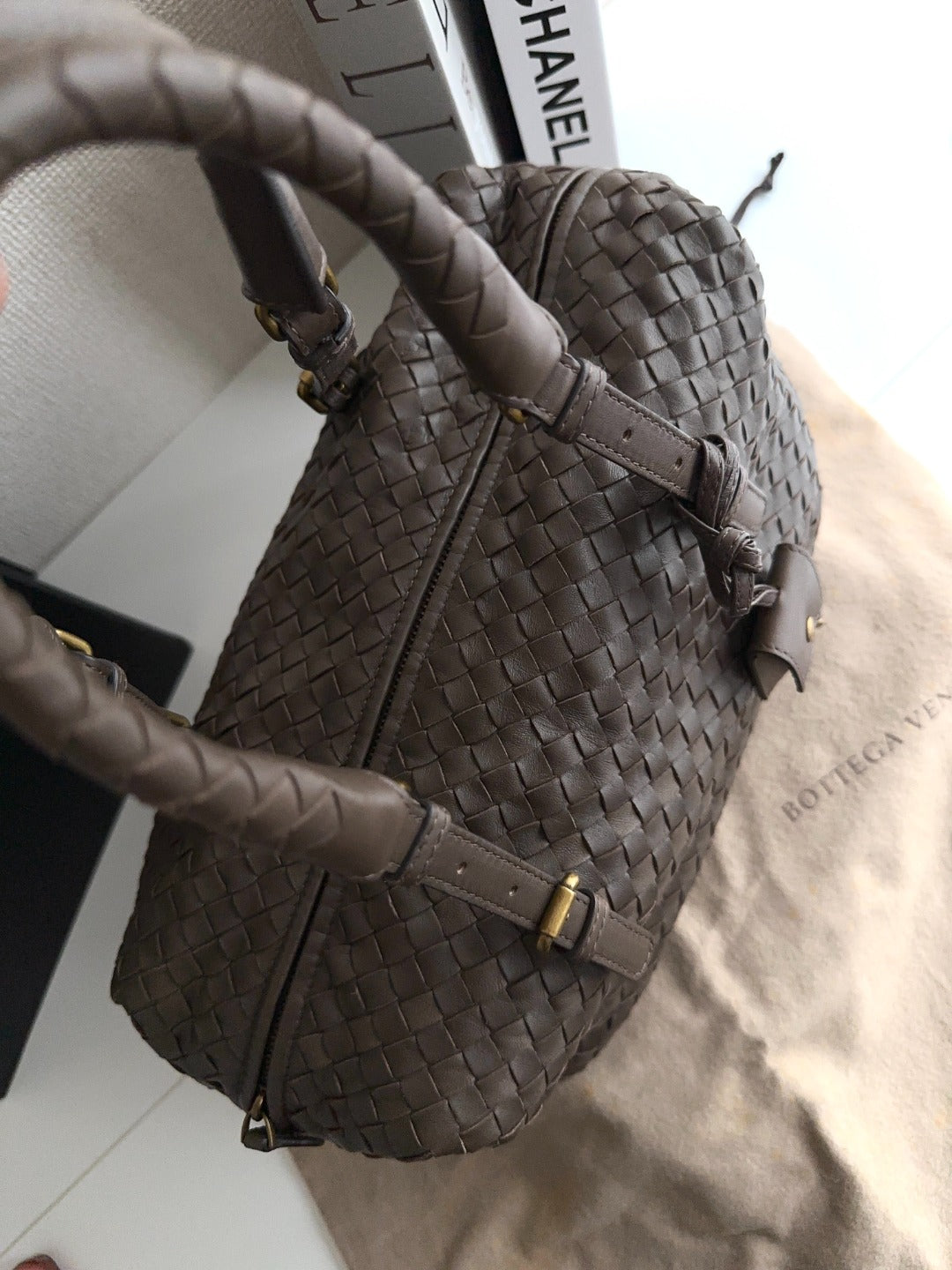 Bottega Veneta Vintage Woven Leather Boston Bag with Lock & Dust Bag