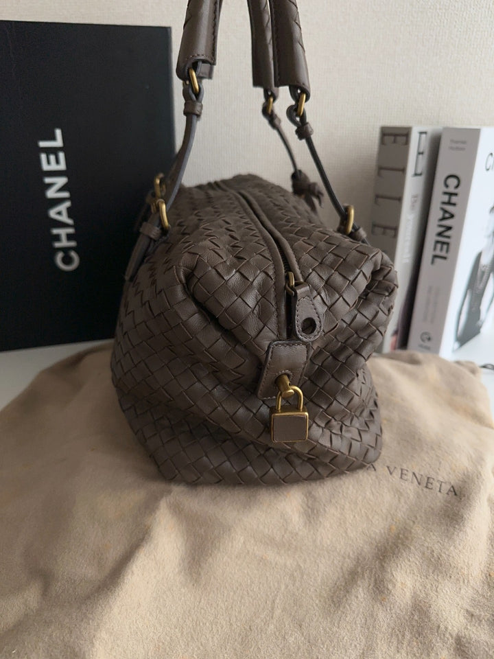 Bottega Veneta Vintage Woven Leather Boston Bag with Lock & Dust Bag